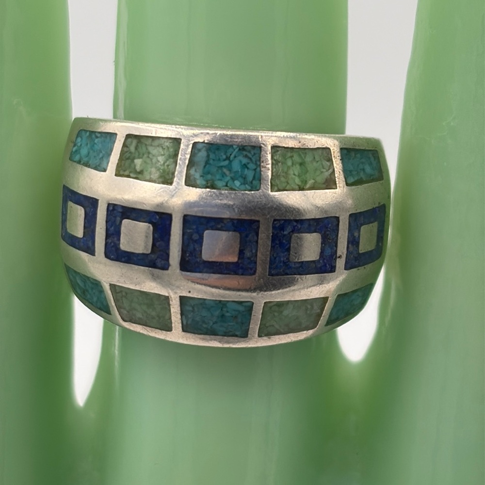 Coleman Co Substantial Turquoise and Lapis Inlay Ring